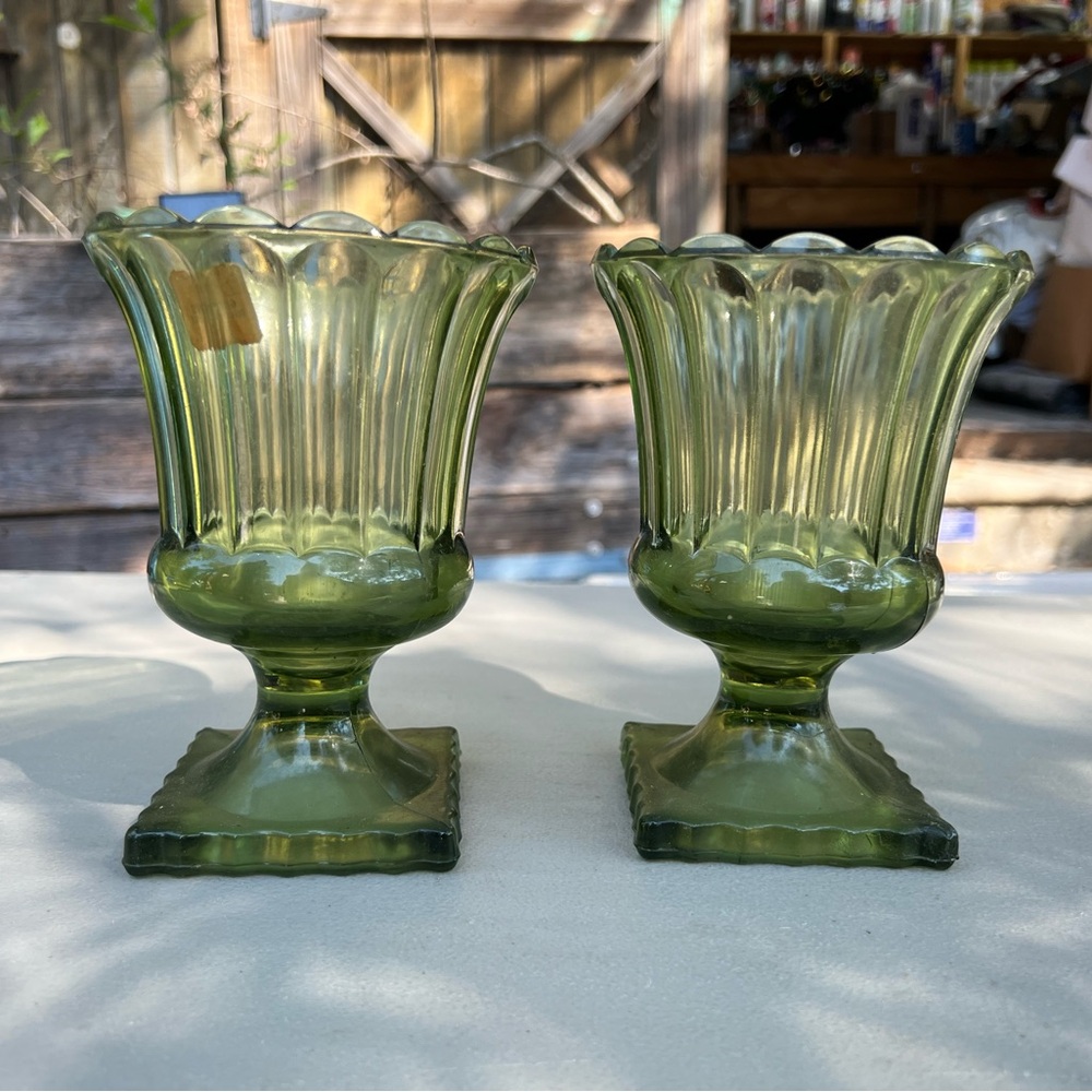 Pair of Vintage Hazel Atlas Urn Candy Dish Vase Olive Green Fluted Pedestal